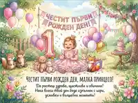 Честит първи рожден ден, малка принцесо! Акварелна картичка с бебе, балони и животни.