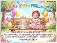 Честит първи рожден ден на малка принцеса: Весела картичка с бебе, торта и балони.