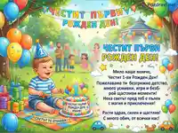 Честит първи рожден ден на момченце! Празнична картичка със семейство, торта и пожелания за щастливо детство.