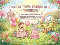 Честит първи рожден ден, принцесо Елиса! Весела илюстрация с бебе, торта, замък и животни за 1 годинка.