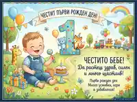 Честит първи рожден ден! Весела картичка за бебе момченце с играчки, торта и пожелания.