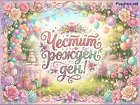 "Честит рожден ден" картичка с цветя, балони и градинско парти.