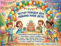 Честит рожден ден, любимо наше дете! Весела картичка с деца, торта и балони за 5-ти рожден ден.