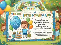 Цветна картичка за трети рожден ден на момченце с балони, торта и подаръци, на фона на празнуващи деца в парк.