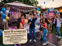 Оживено парти за 18-ти рожден ден на открито с приятели, балони и музика.