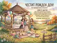 Празнична акварелна картичка: Честит рожден ден на прекрасно момиче, с приятелки и торта.