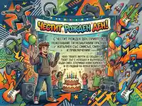 Празнична картичка за рожден ден с младежки теми: гейминг, скейтборд, музика и приятели.