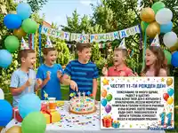 Щастливи деца празнуват 11-ти рожден ден на открито с торта, балони и подаръци.