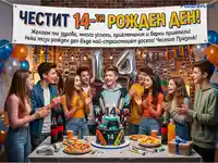 Тийнейджъри празнуват 14-ти рожден ден с торта, пица и балони под празничен транспарант.