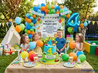 Весел 4-ти рожден ден на открито с щастливи деца, торта и много балони.