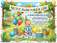 Весела картичка за първи рожден ден на момче с бебе, балони и торта в парка.