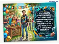 Весела картичка за рожден ден с младежко парти, скейтборд и празнични пожелания