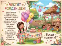 Весела картичка за рожден ден с момиче, балони и детско парти в градината.