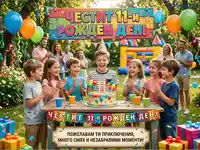 Весело детско парти за 11-и рожден ден на открито с торта, балони и щастливи деца и възрастни.