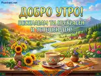 "Добро утро" картичка: кафе, слънчогледи, планински пейзаж и пожелания за успешен ден.