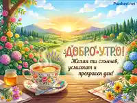 Добро утро картичка с чай, мед, цветя и слънчев пейзаж.