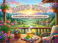 "Добро утро" картичка с красив изглед към планина, река и цветя. Чаша чай с лимон на балкон.