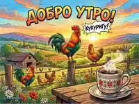 "Добро утро" картичка с петел, изгрев и кафе в селски двор.