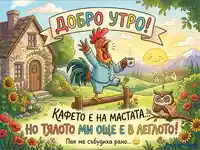 "Добро утро" картичка с петел в пижама, кафе и сънлива сова. Забавно послание за ранно ставане.