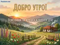 Добро утро картичка с живописен планински изгрев, селска къща, пътека и поле от диви цветя. Пожелание за успешен ден.