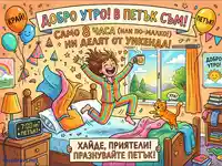 Добро утро! В петък съм! Момиче скача от леглото, щастливо за уикенда. Празнувайте петък!