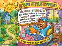 "Добро утро, Вторник!" - Весела картичка с мече, кафе и слънце за усмихнат ден.