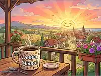 Картичка "Добро утро" с кафе на балкон, изгрев над живописно село и цветя.