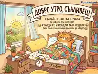 Сънлив котарак с кафе се опитва да се събуди под звъна на будилник, докато слънцето изгрява. Забавно утро с призив за ставане.