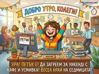 Весел петък в офиса: Колеги празнуват края на работната седмица с усмивки и кафе.