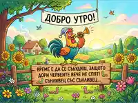 Весел петел с тромпет и "Добро утро!" послание в слънчев селски пейзаж със слънчогледи и хумористичен призив за събуждане.