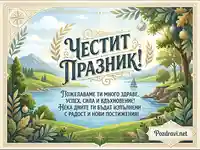 "Честит празник!" картичка с планински пейзаж и пожелания за здраве и успех.