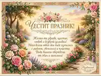 Картичка "Честит празник" с пищна градина, рози и сърдечни пожелания за здраве, щастие и любов.