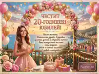 Честит 20-годишен юбилей: Елегантна дама, балони, торта и морски залез на празнична картичка.