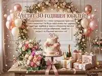 Честит 30-годишен юбилей! Елегантна картичка с торта, цветя и подаръци в розово злато.