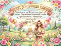 Честит 30-годишен юбилей! Красива картичка с пожелания, цветя и торта за жена.