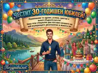 Честит 30-годишен юбилей: Празнична картичка с мъж, приятели, торта и фойерверки на езеро.