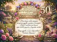 Честит 50-годишен юбилей! Празнична картичка с пожелания, цветя и приказна градина.