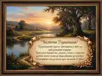 "Честита Годишнина" картичка с романтичен пейзаж при залез и послание за обич.