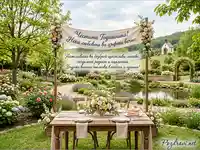 Честита годишнина: Романтична градина с маса за двама, цветя и пожелания за любов.