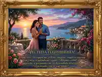 Честита годишнина: Романтична картичка с двойка на залез над морски бряг.