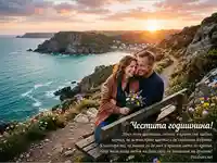 Честита годишнина: Влюбена двойка на залез над морето с послание за любов и щастие.
