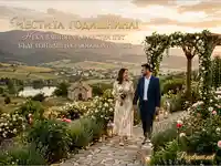 Честита годишнина: Влюбена двойка в романтична градина на залез