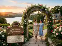 Романтична годишнина: Две жени под розова арка в живописна градина на залез