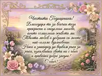 Романтична картичка "Честита Годишнина" с цветя, арка и сърдечно послание на фона на живописен пейзаж.