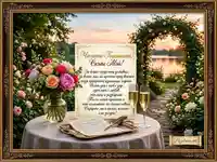 Романтична картичка за годишнина със залез, букет и шампанско. Любовно послание.