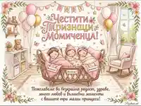 Честити Тризнаци Момиченца! Нежна акварелна картичка с три спящи бебета в уютна детска стая.