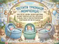 Честитка за тризнаци момченца: Уютна илюстрация със спящи бебета в кошчета, играчки и пожелания.