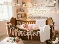 Честито бебе момиченце: Спящо новородено в розова детска стая с пожелания за добре дошла.