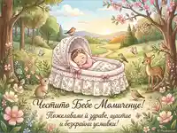 Спящо бебе момиченце в люлка сред пролетна гора с животни и цветя, с текст за честито новородено.