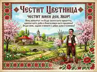 Честит Цветница и имен ден Явор – пролетна картичка с народни мотиви и пожелания.